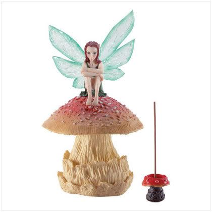 33075: Fairy Mushroom Incense Burner- A pixie perches atop her magical mushroom that sends out billows of savory smoke. Alabastrite. 4 1/2\" x 4 1/2\" x 8 3/4\" high. Retail Price:$14.95