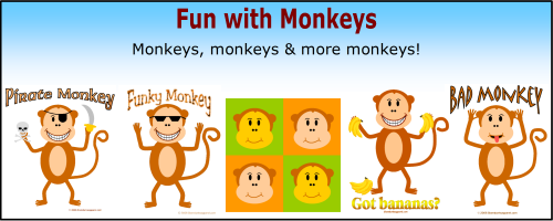 Monkey t-shirts & gifts, cute monkey t-shirts, funky monkey t-shirts & gifts, pirate monkey t-shirts & gifts, monkey pop art t-shirts & gifts, got bananas t-shirts, monkeys, tshirt, t-shirt, tees,