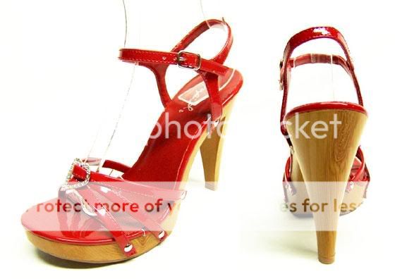 SHINY RED Strappy High Heel Sandals w/ Rhinestone Heart by Qupid 
